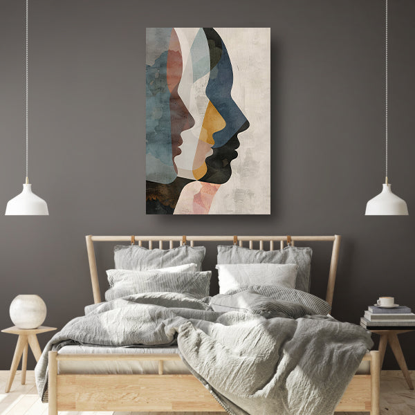 Abstracte Gezichten in Blauw, Beige en Geel canvas