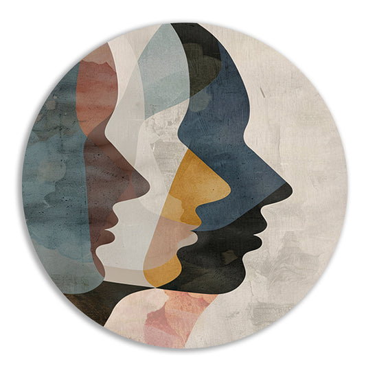 Abstracte Gezichten in Blauw, Beige en Geel forex muurcirkel