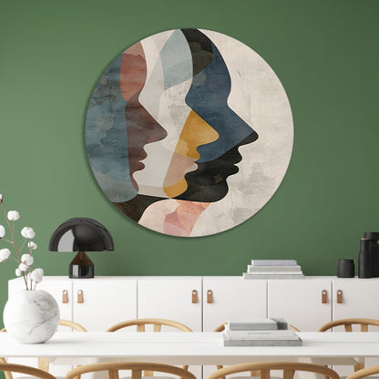 Abstracte Gezichten in Blauw, Beige en Geel forex muurcirkel