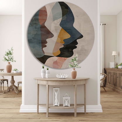 Abstracte Gezichten in Blauw, Beige en Geel aluminium muurcirkel