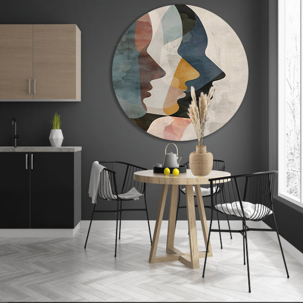 Abstracte Gezichten in Blauw, Beige en Geel forex muurcirkel