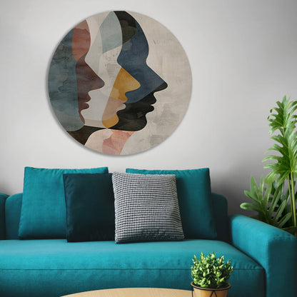 Abstracte Gezichten in Blauw, Beige en Geel aluminium muurcirkel