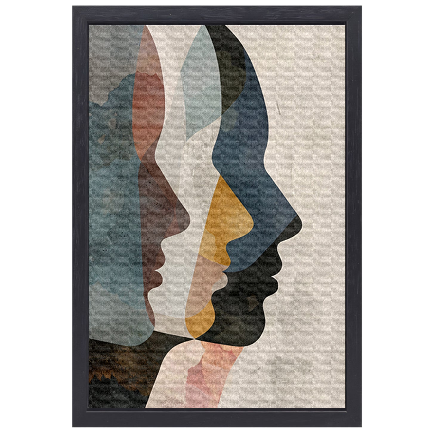 Abstracte Gezichten in Blauw, Beige en Geel canvas met baklijst