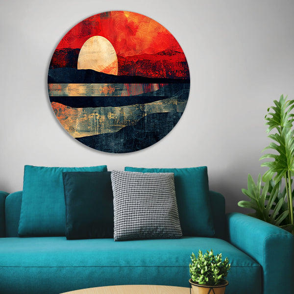 Abstracte kleurrijke zonsondergang op bergen aluminium muurcirkel