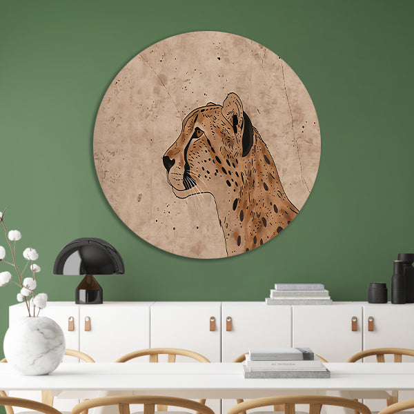 Cheeta kunstwerk met sepia achtergrond aluminium muurcirkel
