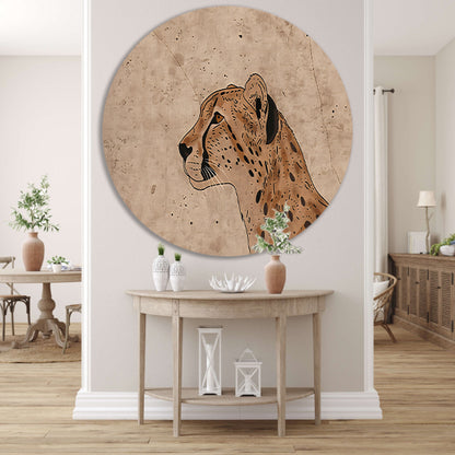 Cheeta kunstwerk met sepia achtergrond aluminium muurcirkel