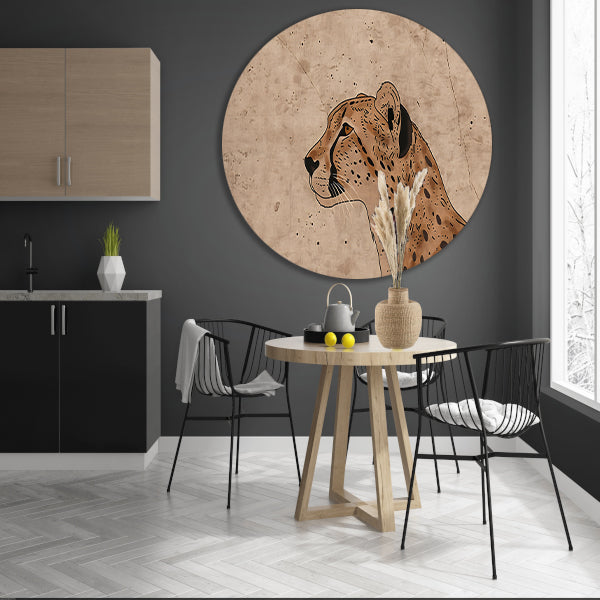 Cheeta kunstwerk met sepia achtergrond aluminium muurcirkel