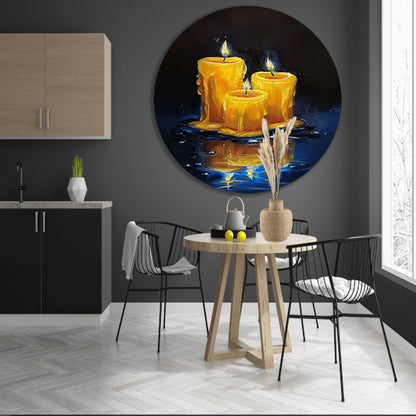 Realistisch schilderij van brandende kaarsen aluminium muurcirkel