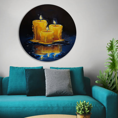 Realistisch schilderij van brandende kaarsen aluminium muurcirkel