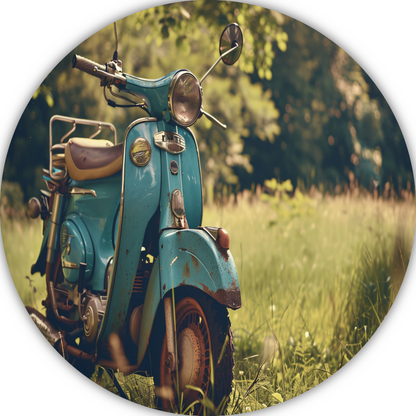 Minimalistische Scooter in Grasveld aluminium muurcirkel