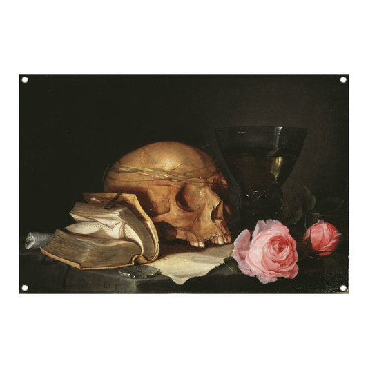 Een Vanitas-stilleven met een schedel, een boek en rozen - Jan Davidsz. de Heem tuinposter