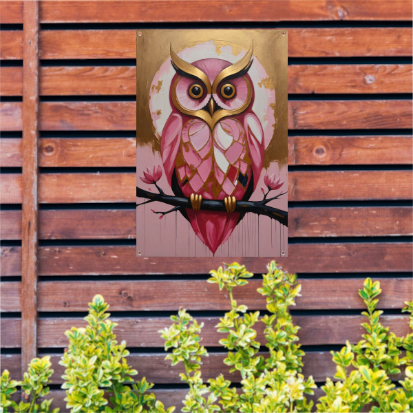 Uil met Gouden Achtergrond en Roze Veren tuinposter