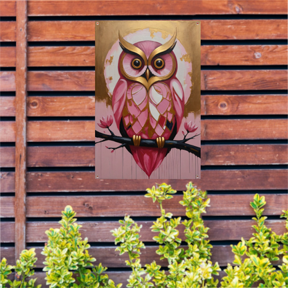 Uil met Gouden Achtergrond en Roze Veren tuinposter