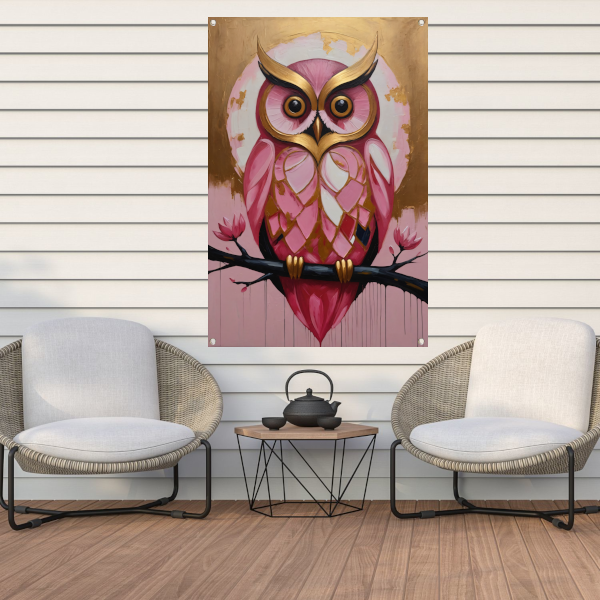 Uil met Gouden Achtergrond en Roze Veren tuinposter