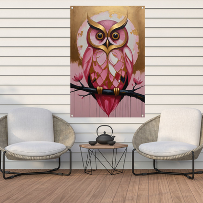 Uil met Gouden Achtergrond en Roze Veren tuinposter