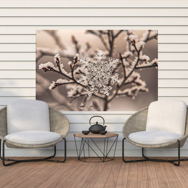 Macro-opname van een sneeuwvlok op takken tuinposter