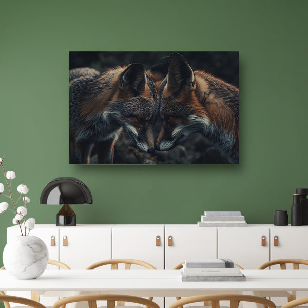 Twee vossen tegenover elkaar in donkere omgeving canvas met baklijst