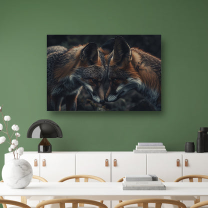 Twee vossen tegenover elkaar in donkere omgeving canvas met baklijst