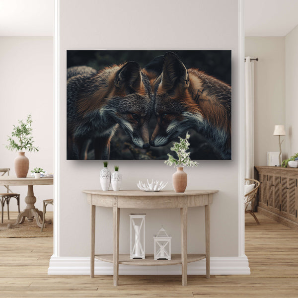 Twee vossen tegenover elkaar in donkere omgeving canvas met baklijst