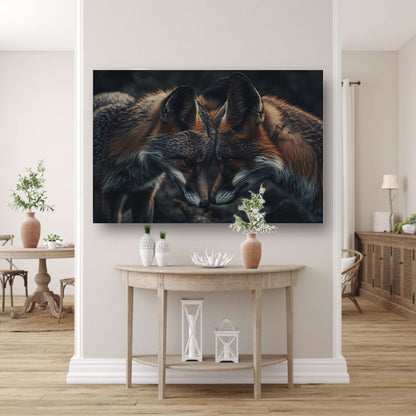 Twee vossen tegenover elkaar in donkere omgeving canvas met baklijst
