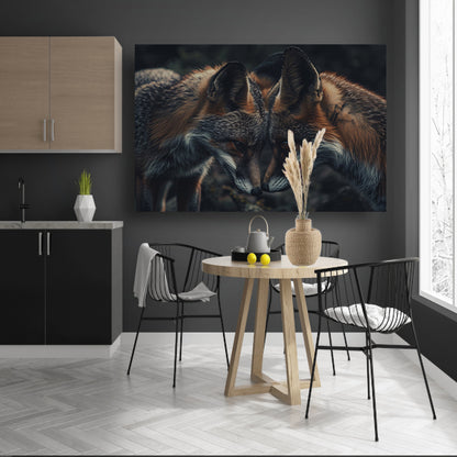 Twee vossen tegenover elkaar in donkere omgeving canvas met baklijst