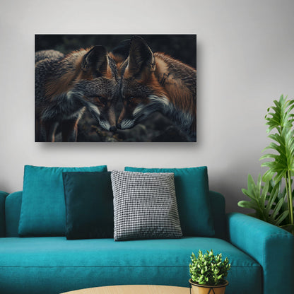 Twee vossen tegenover elkaar in donkere omgeving canvas met baklijst