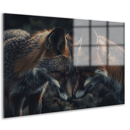 Twee vossen tegenover elkaar in donkere omgeving acrylglas