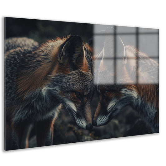 Twee vossen tegenover elkaar in donkere omgeving acrylglas