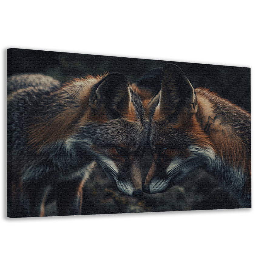 Twee vossen tegenover elkaar in donkere omgeving canvas