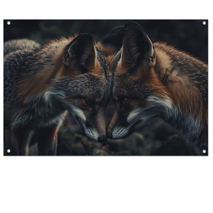 Twee vossen tegenover elkaar in donkere omgeving tuinposter