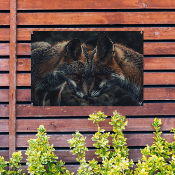 Twee vossen tegenover elkaar in donkere omgeving tuinposter