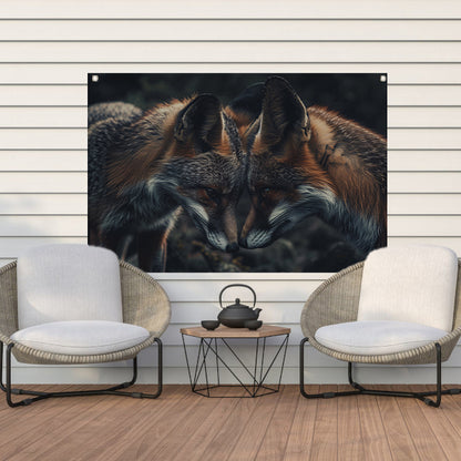 Twee vossen tegenover elkaar in donkere omgeving tuinposter