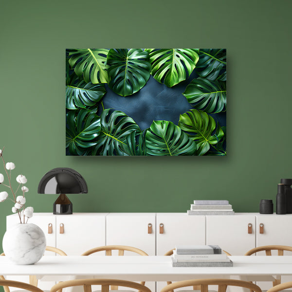 Monstera Bladeren op Blauwe Achtergrond poster