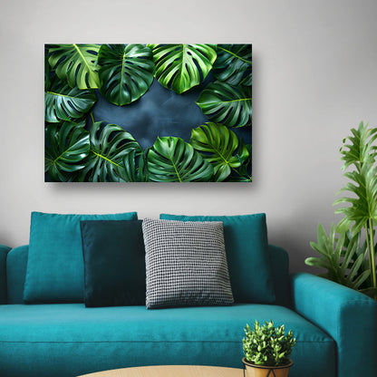 Monstera Bladeren op Blauwe Achtergrond poster