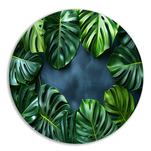 Monstera Bladeren op Blauwe Achtergrond aluminium muurcirkel