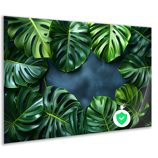 Monstera Bladeren op Blauwe Achtergrond poster