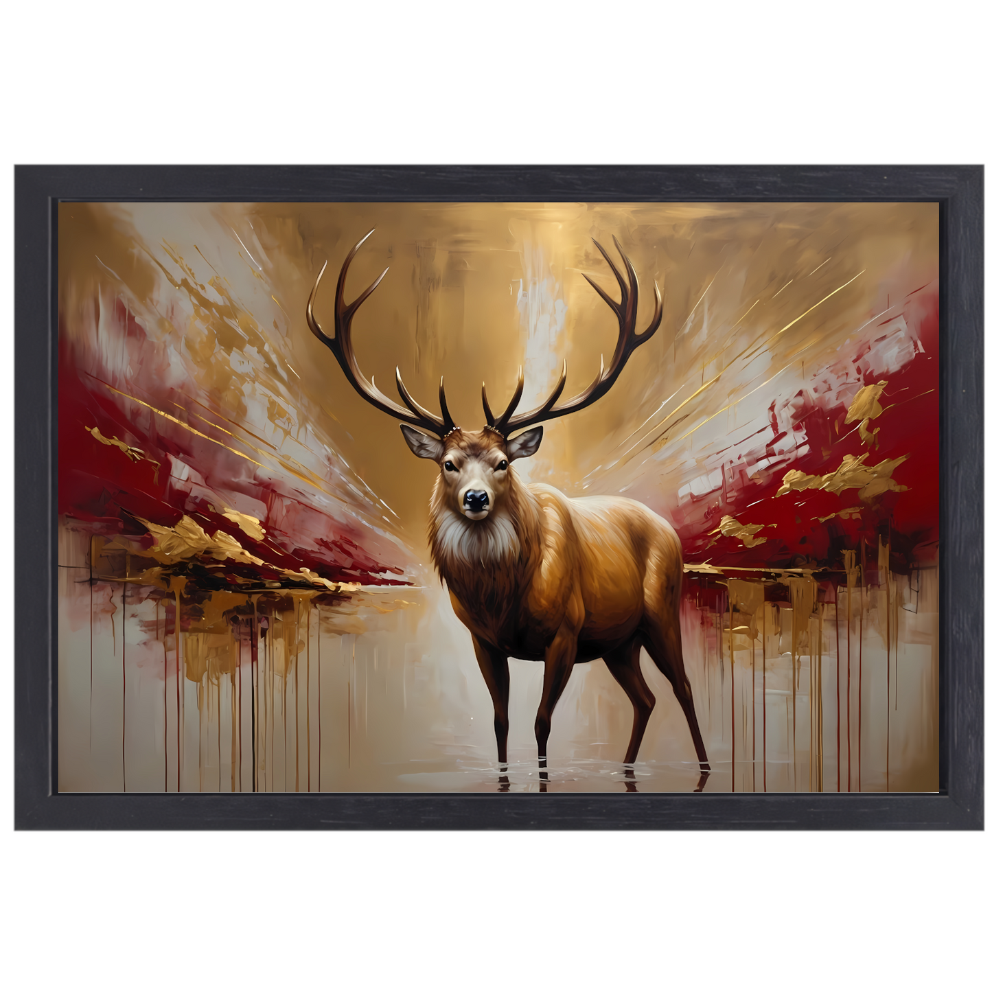 Majestueuze Gouden Hert in Abstract Rood canvas met baklijst