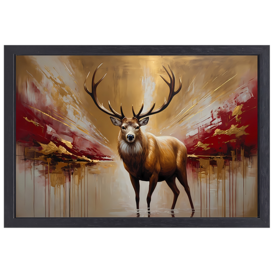 Majestueuze Gouden Hert in Abstract Rood canvas met baklijst