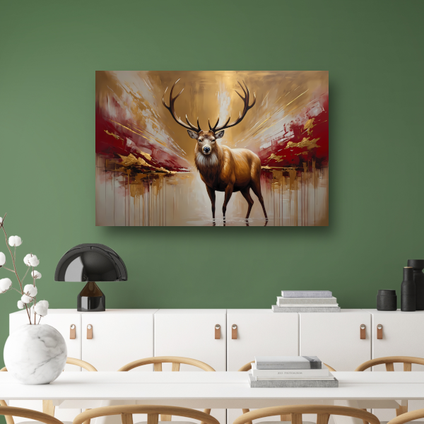 Majestueuze Gouden Hert in Abstract Rood canvas met baklijst