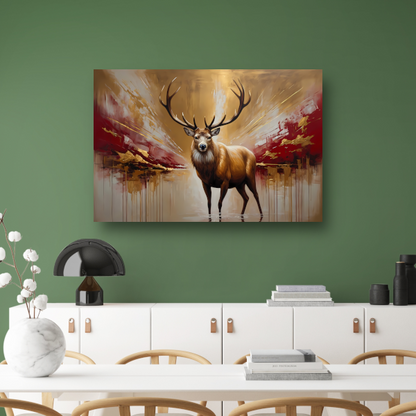 Majestueuze Gouden Hert in Abstract Rood canvas met baklijst