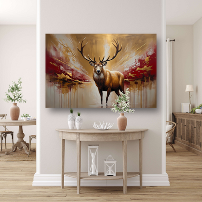Majestueuze Gouden Hert in Abstract Rood canvas met baklijst