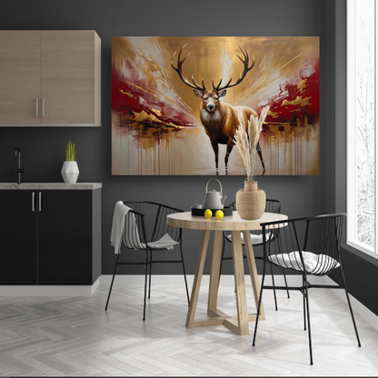 Majestueuze Gouden Hert in Abstract Rood canvas met baklijst