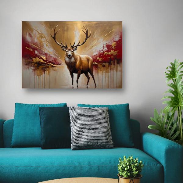 Majestueuze Gouden Hert in Abstract Rood canvas met baklijst