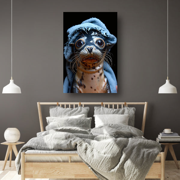 Zeehondje in een blauwe handdoek canvas