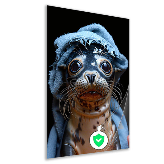 Zeehondje in een blauwe handdoek poster