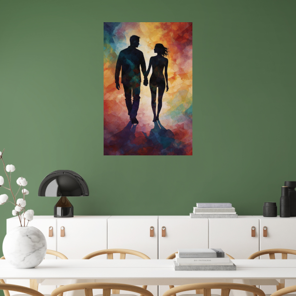 Kleurrijk silhouet van een liefdevol paar canvas met baklijst
