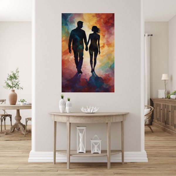 Kleurrijk silhouet van een liefdevol paar canvas met baklijst