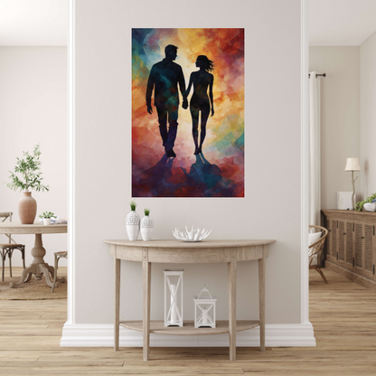 Kleurrijk silhouet van een liefdevol paar canvas met baklijst