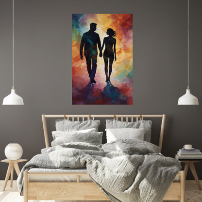 Kleurrijk silhouet van een liefdevol paar canvas met baklijst