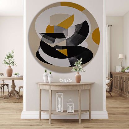 Abstract Geometrisch Spel in Zwart, Wit, Geel aluminium muurcirkel